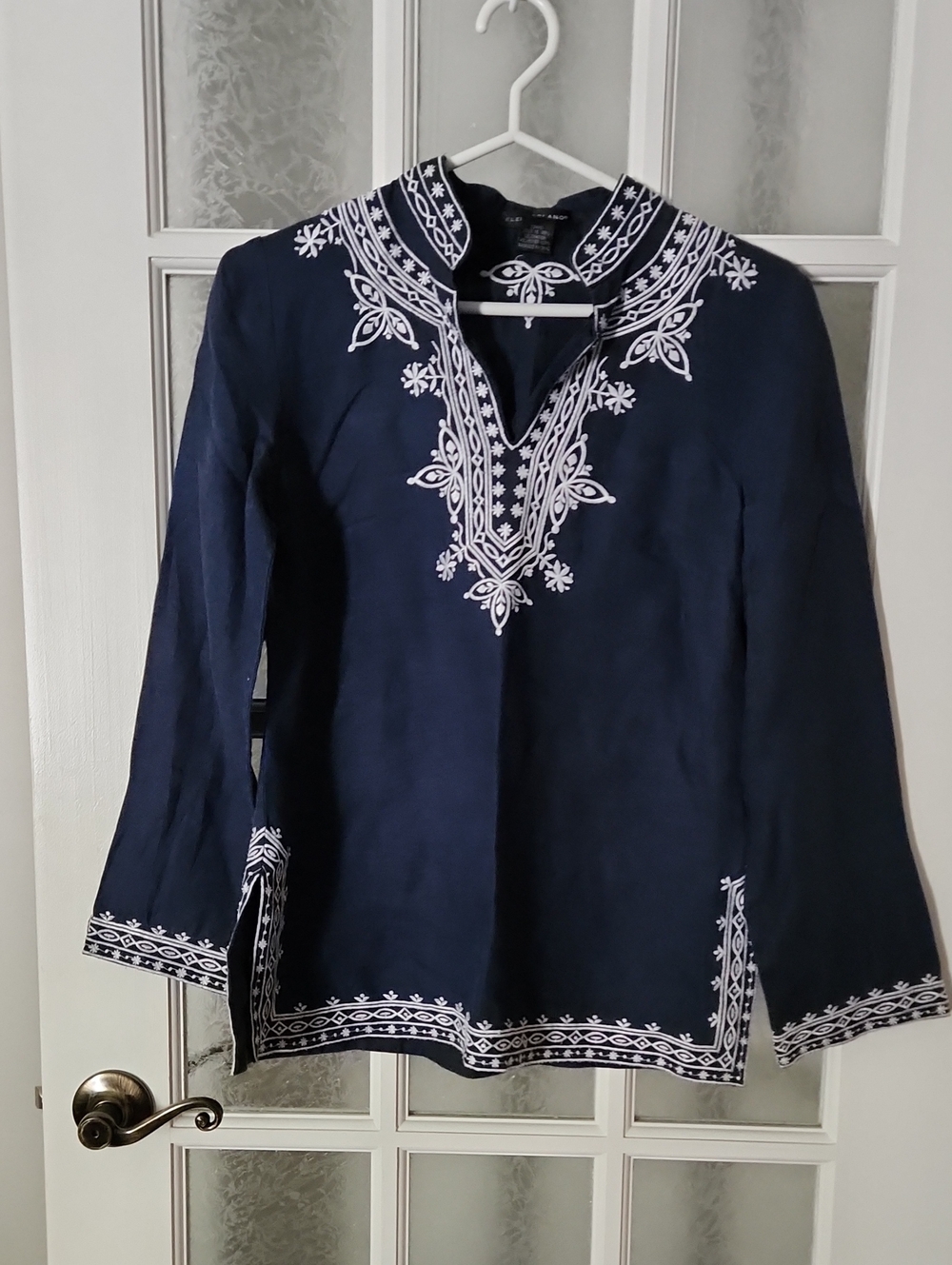 Elena Solano Navy Linen Tunic Top with White Embroidered Trim